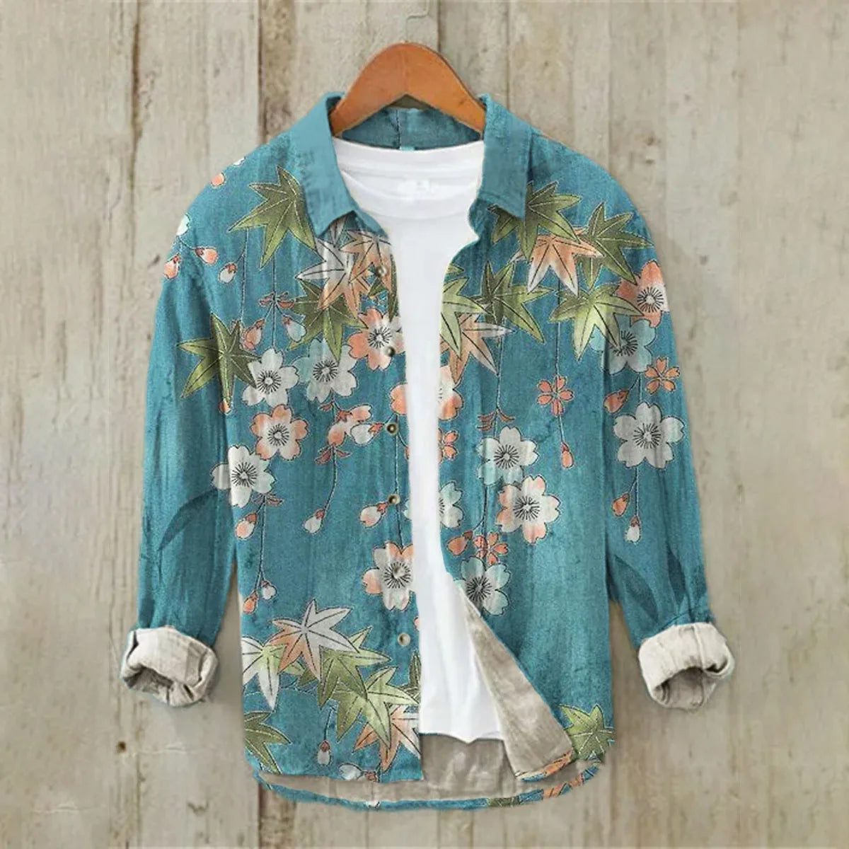 Men's Linen Hawaiian Shirt Ocean Wave Design