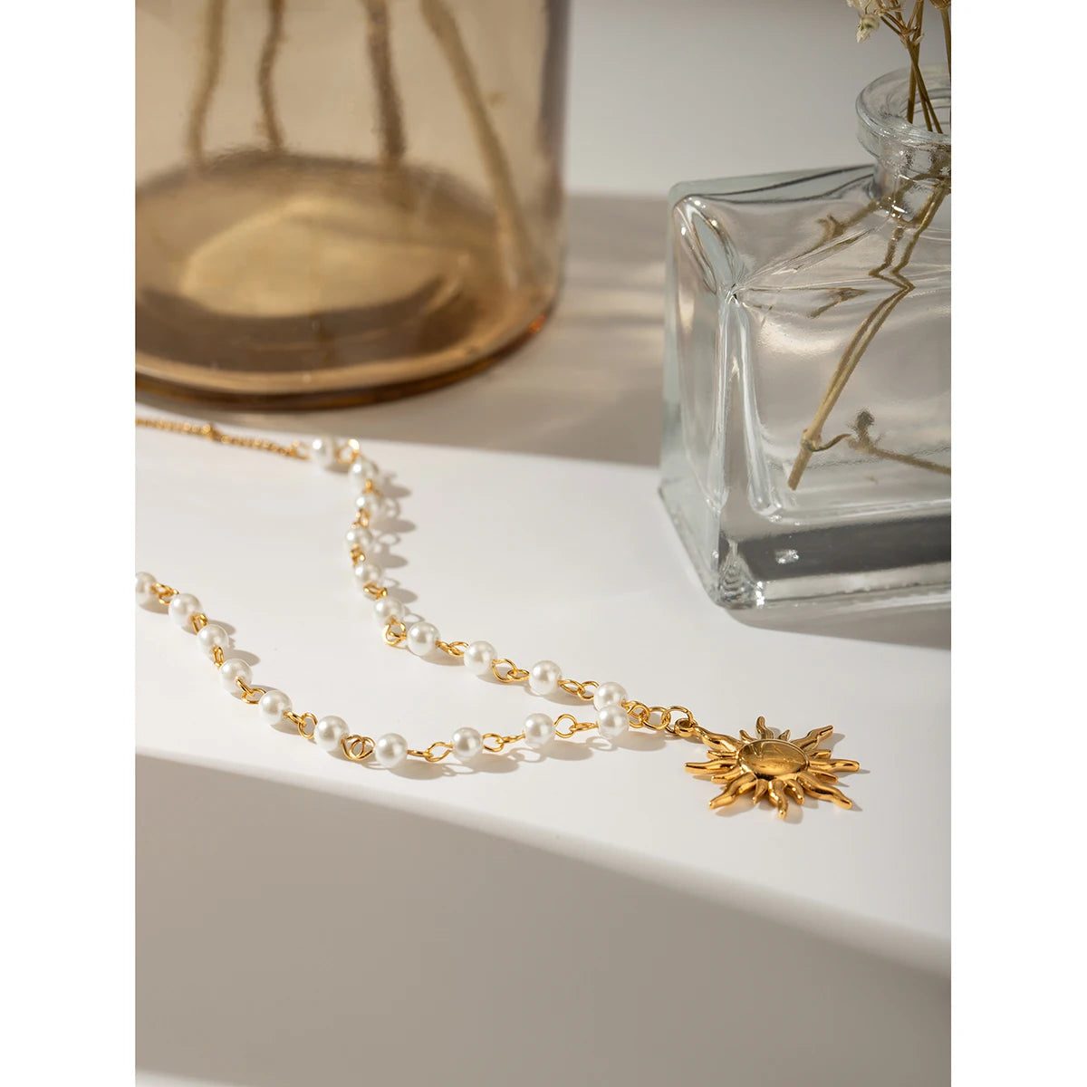 Waterproof Pearl Chain Sun Pendant Necklace