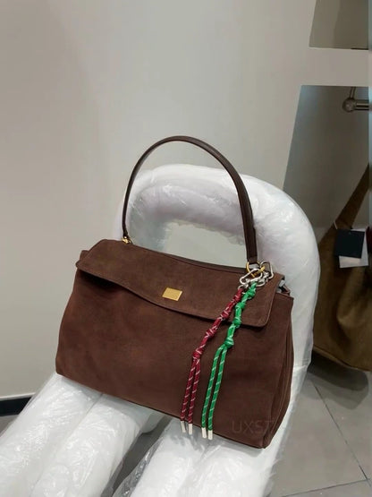 Trendy Suede Tote Bag with Metal Buckle