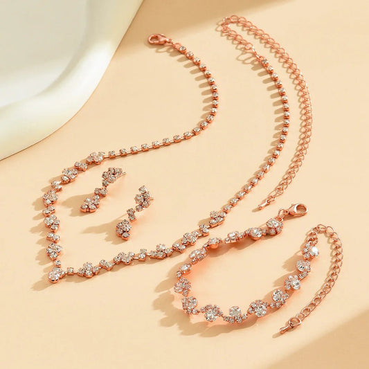 Rose Gold Rhinestone Wedding Jewelry Set for Brides
