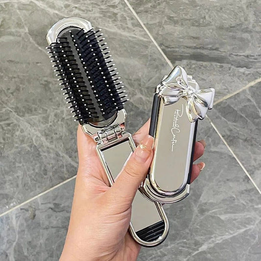 Portable Pink Silver Folding Comb Mirror Tool