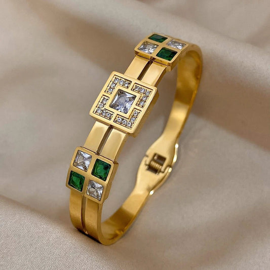 Luxury Waterproof Emerald Green Zircon Bangle Bracelet