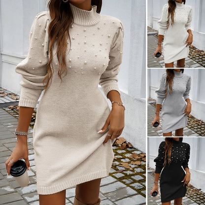 Elegant Women’s Turtleneck Beaded Sweater Dress