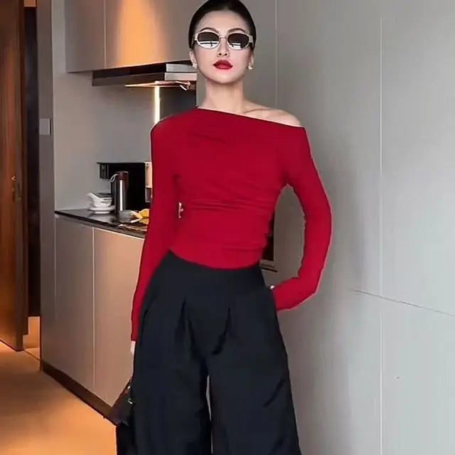 Red Off Shoulder Cotton T-Shirts for Women