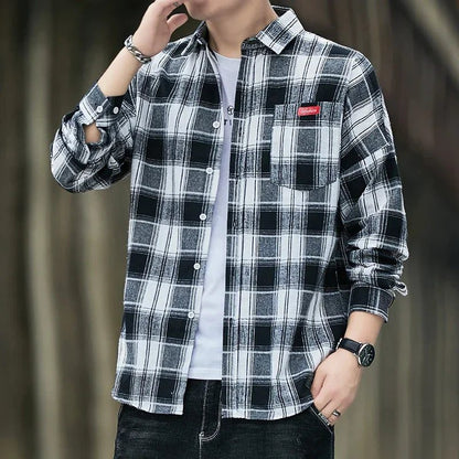 Men's Casual Flannel Plaid Shirt - Red Black