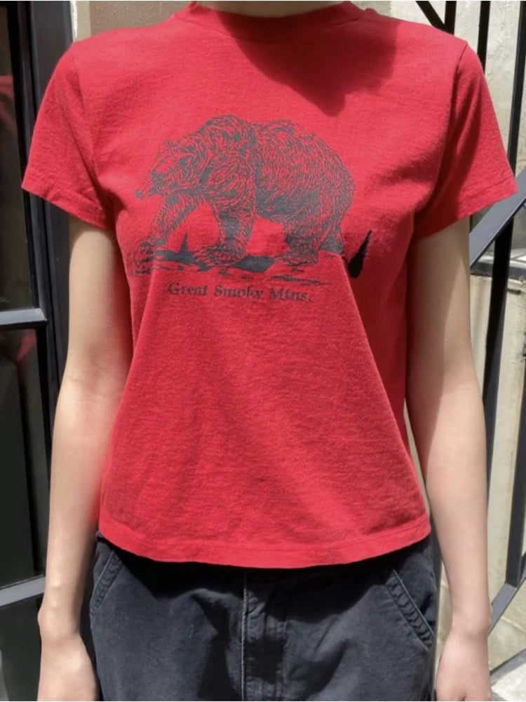 Vintage Red Cotton T-Shirts for Women
