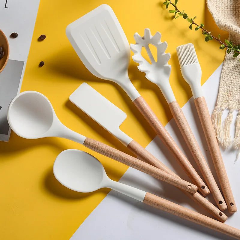 High-Temperature Silicone Utensil Set with Wood