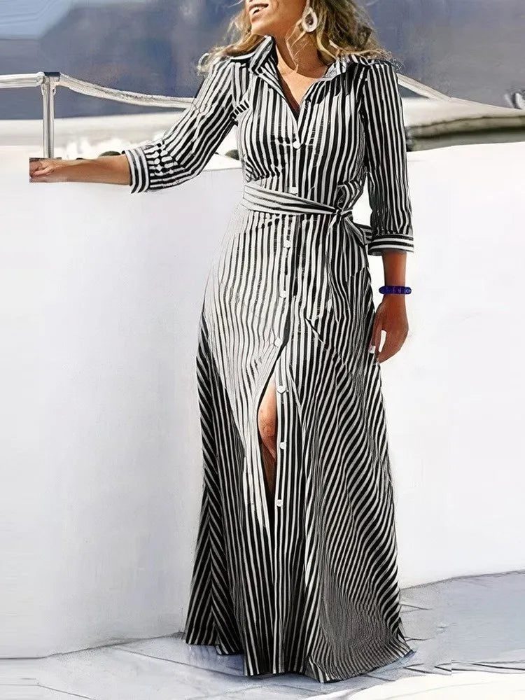 Elegant Striped Lace-Up Shirt Dresses for Women
