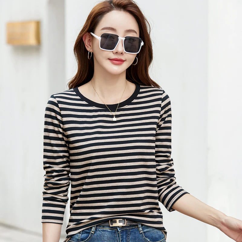 2023 Women's Striped Long Sleeve Cotton Tee