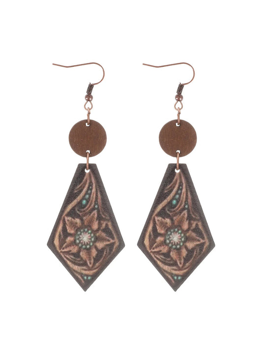 Western Cowboy Wooden Earrings with Cactus Design
