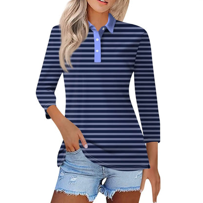 2024 Women's Striped Long Sleeve Polo Shirt