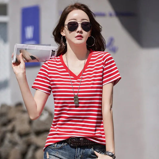 Women's Striped V-Neck Cotton Summer T-Shirt