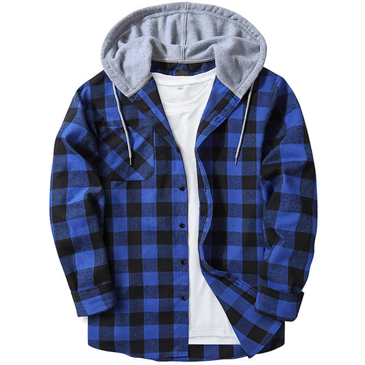 Men's Casual Plaid Flannel Hooded Shirt