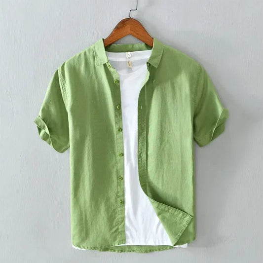 Men's Casual Yellow Cotton Linen Short Sleeve Shirts