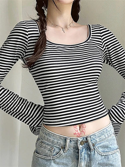 Women's Striped Long Sleeve Square Neck T-Shirt