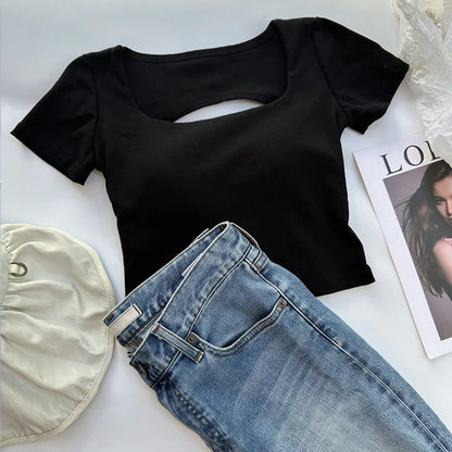 Sexy Square Neck Crop Top Backless Tee