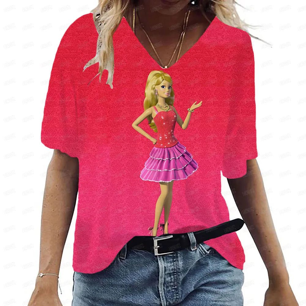 Pink V-Neck Casual T-Shirt for Women