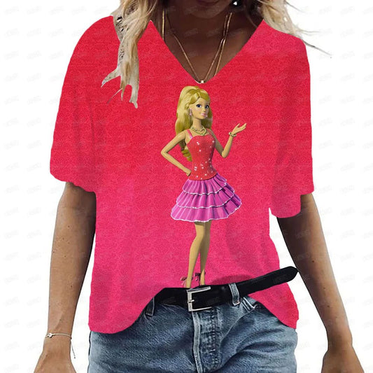 Pink V-Neck Casual T-Shirt for Women