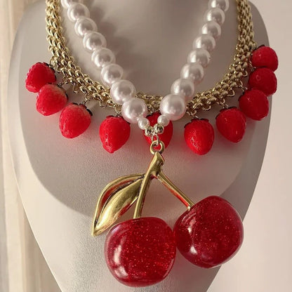 Chunky Cherry Pendant Necklace with Pearls