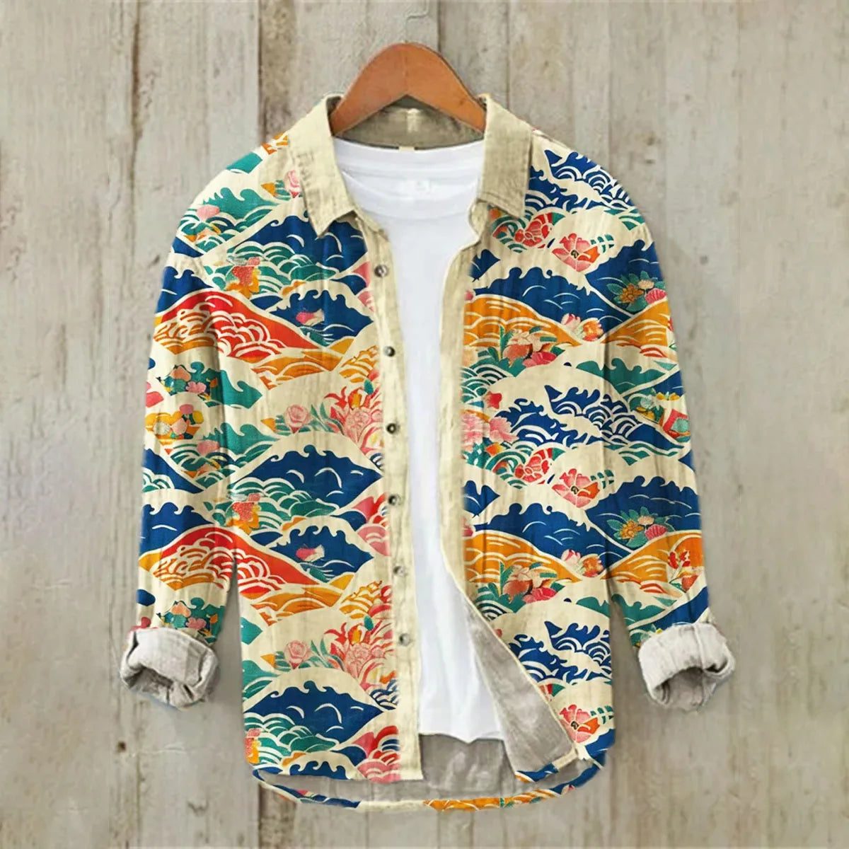 Men's Linen Hawaiian Shirt Ocean Wave Design