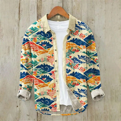 Men's Linen Hawaiian Shirt Ocean Wave Design