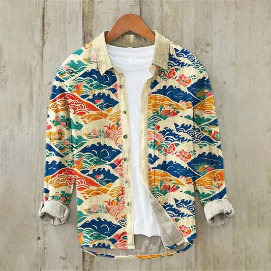 Men's Linen Hawaiian Shirt Ocean Wave Design