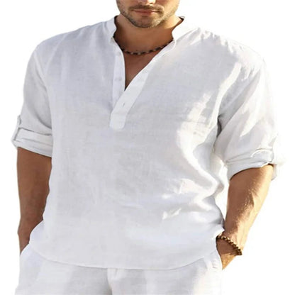 Men's V-Neck Cotton Linen Long Sleeve Shirt