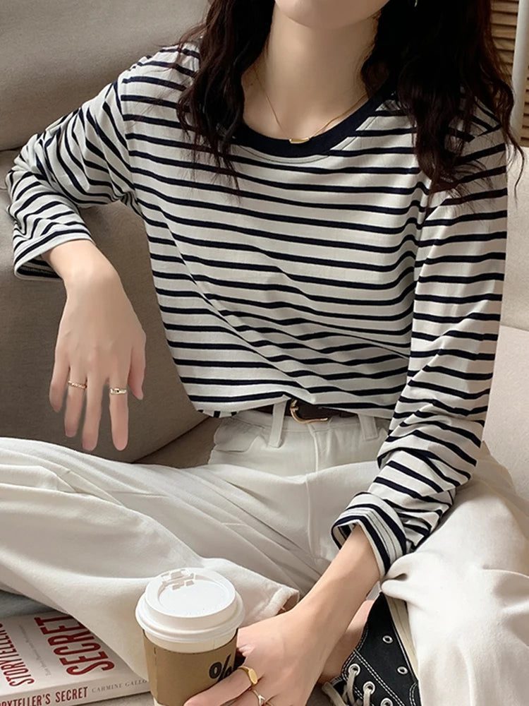 Women's Striped Long Sleeve Cotton T-Shirt