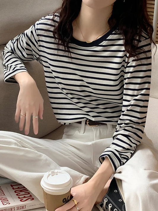 Women's Striped Long Sleeve Cotton T-Shirt