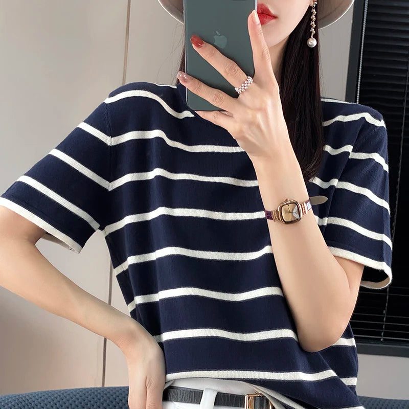 Casual Striped Cotton T-Shirt for Women