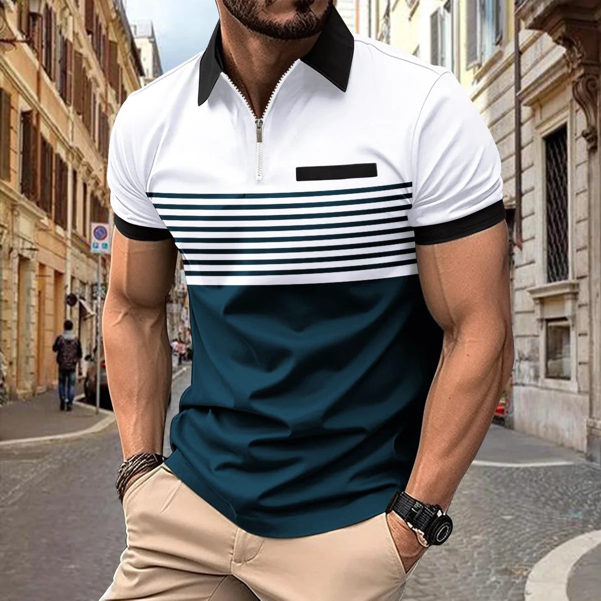 Men's Color Contrast Striped Pocket T-Shirt