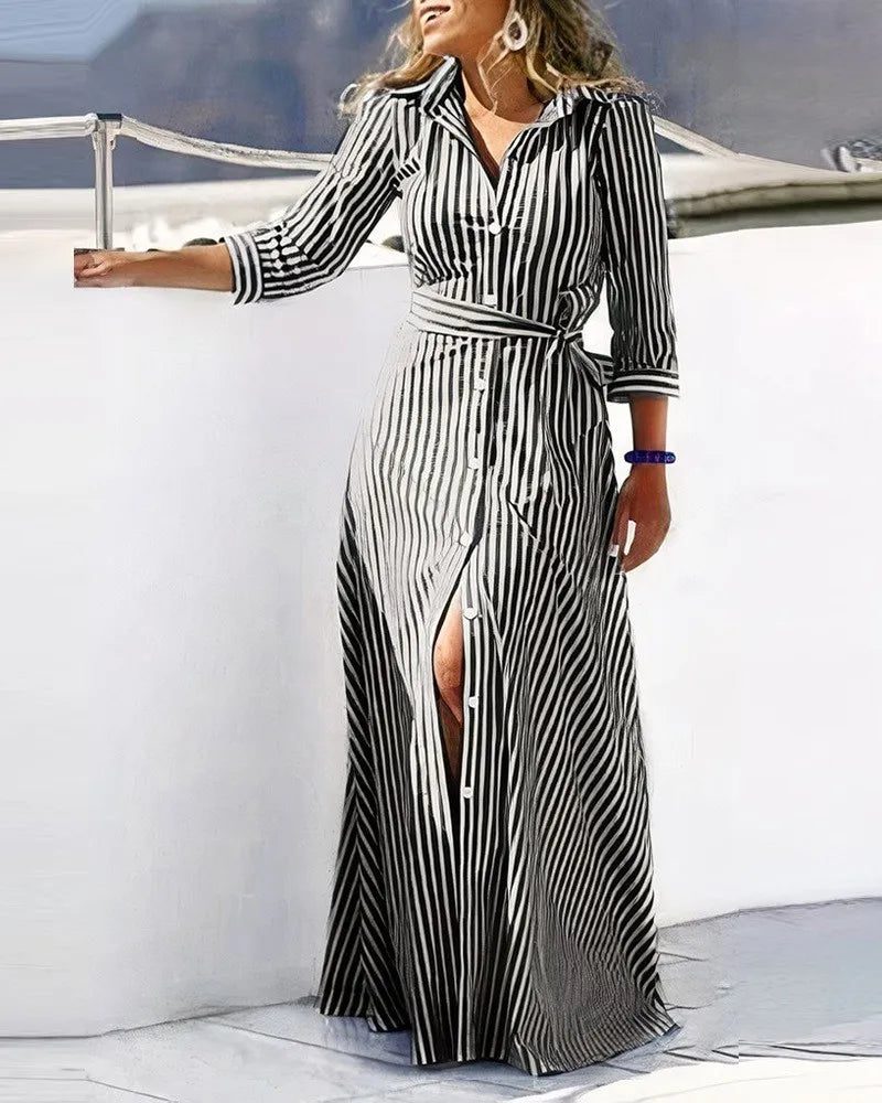 Elegant Striped Lace-Up Shirt Dresses for Women