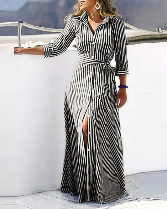 Elegant Striped Lace-Up Shirt Dresses for Women