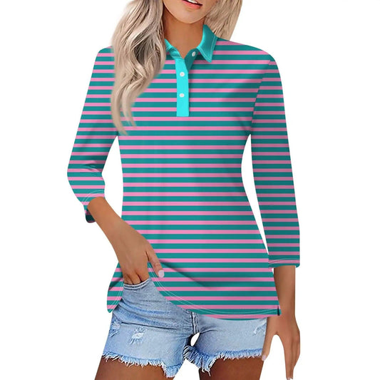 2024 Women's Striped Long Sleeve Polo Shirt