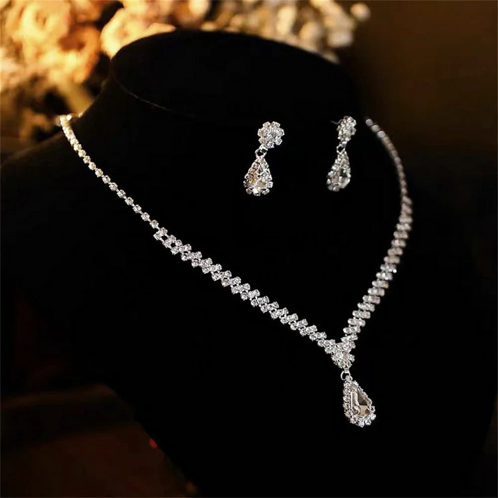 Elegant Water Drop Crystal Necklace Earrings Set