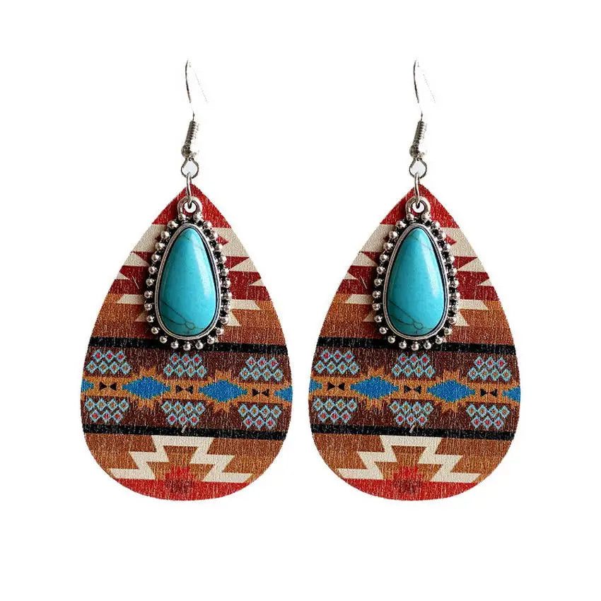 Boho Turquoise Teardrop Earrings with Aztec Design