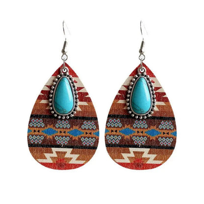 Boho Turquoise Teardrop Earrings with Aztec Design