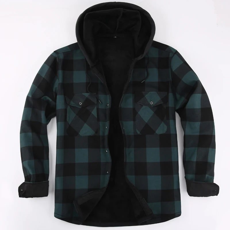 Men's Green Plaid Fleece Hooded Shirt Jacket