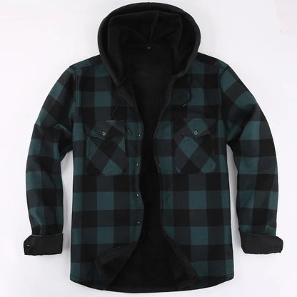 Men's Green Plaid Fleece Hooded Shirt Jacket