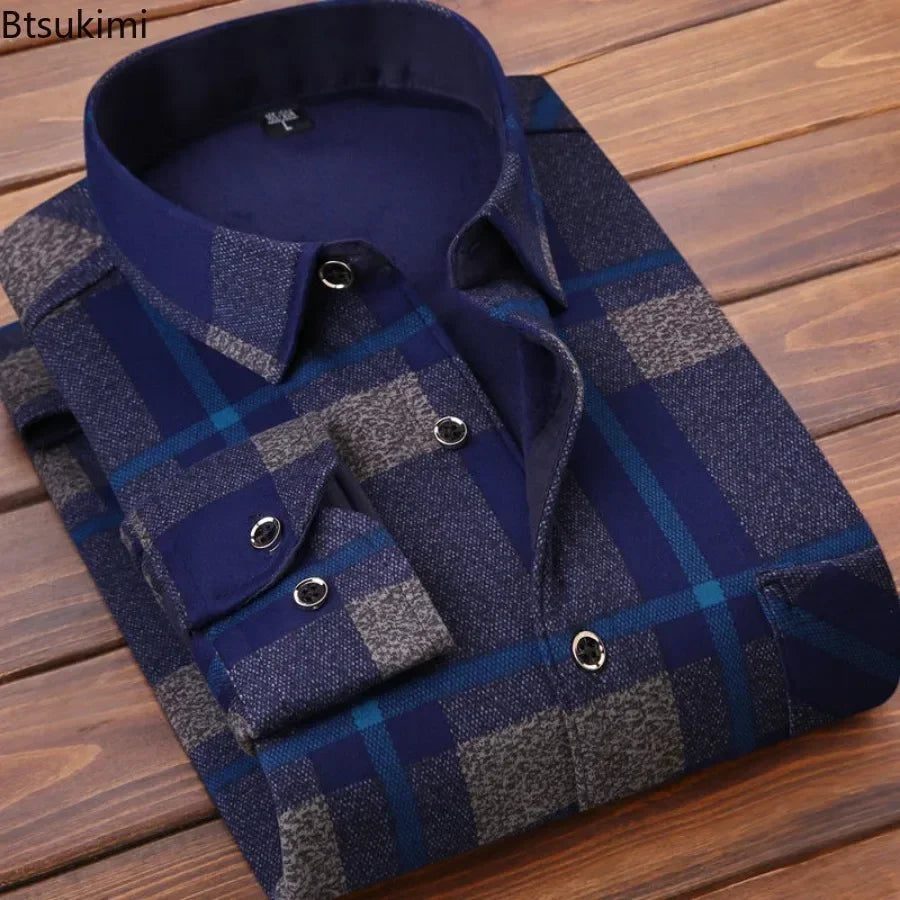 2024 Men's Flannel Plaid Winter Dress Shirt