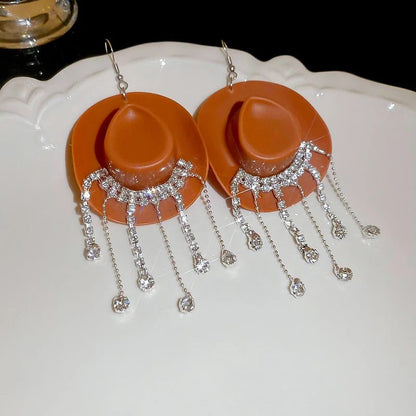 Shiny Rhinestone Cowboy Hat Dangle Earrings