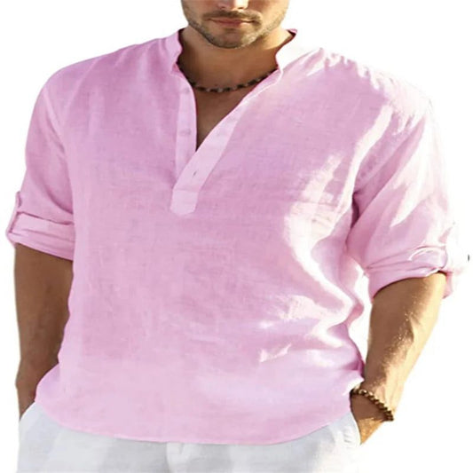 Men's V-Neck Cotton Linen Long Sleeve Shirt