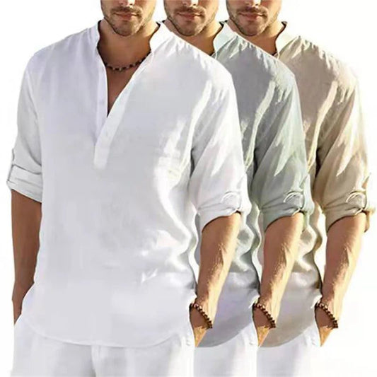 Men's V-Neck Cotton Linen Long Sleeve Shirt