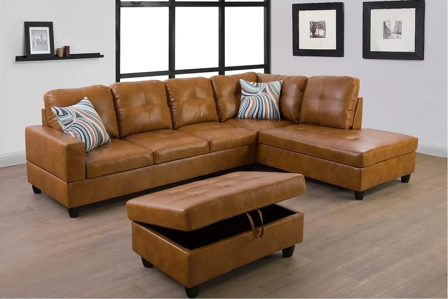 Stylish Leather Sectional Sofa with Storage Ottoman