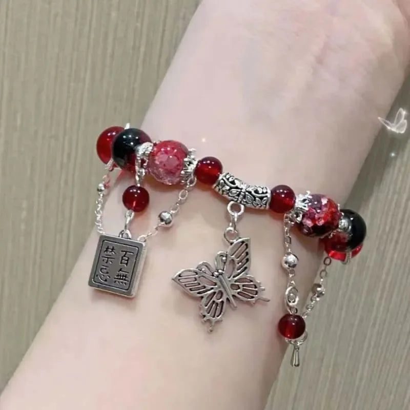 Vintage Red Beaded Butterfly Pendant Bracelet