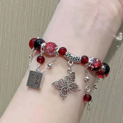 Vintage Red Beaded Butterfly Pendant Bracelet