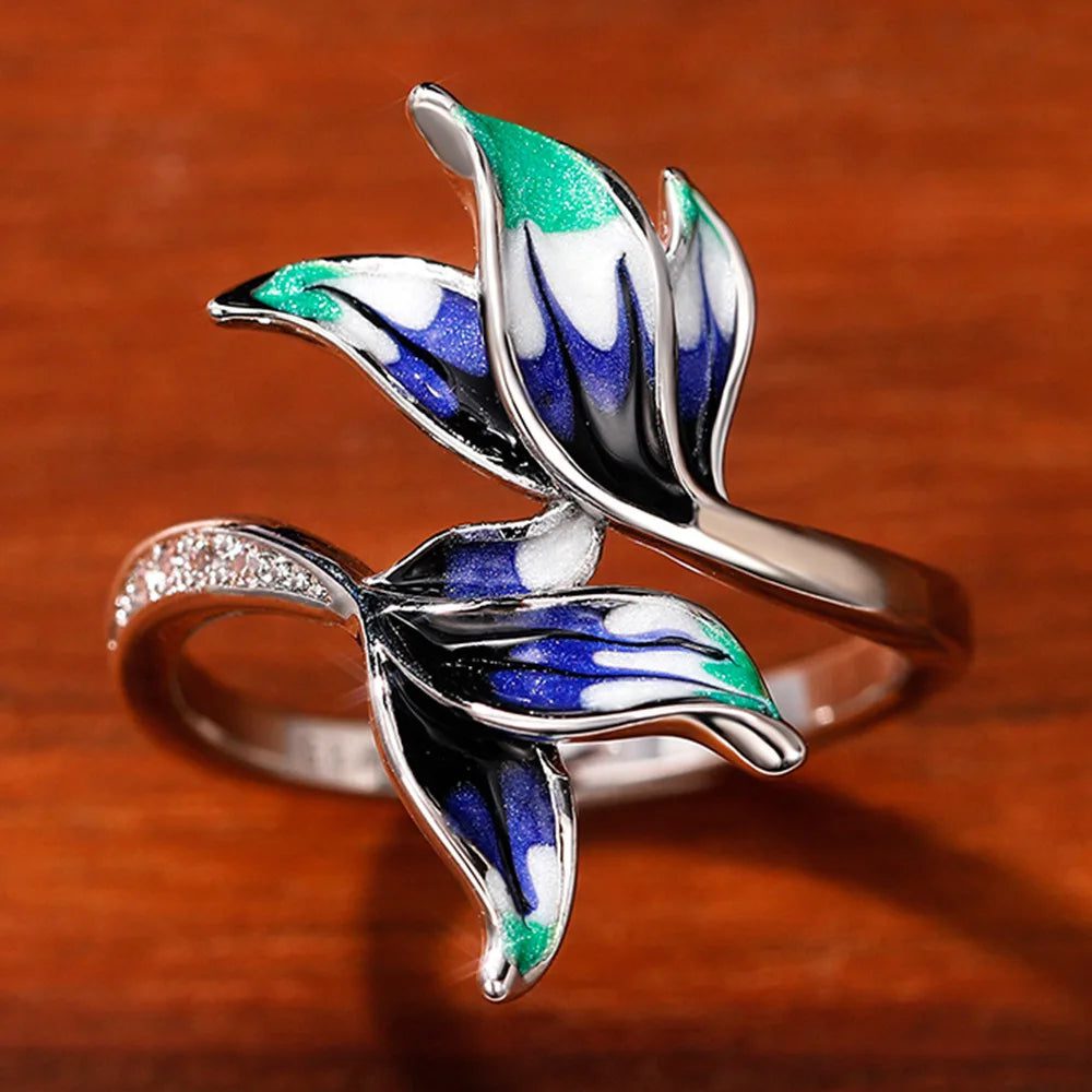 Luxury Green Leaf Enamel Women's Ring