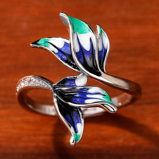 Luxury Green Leaf Enamel Women's Ring