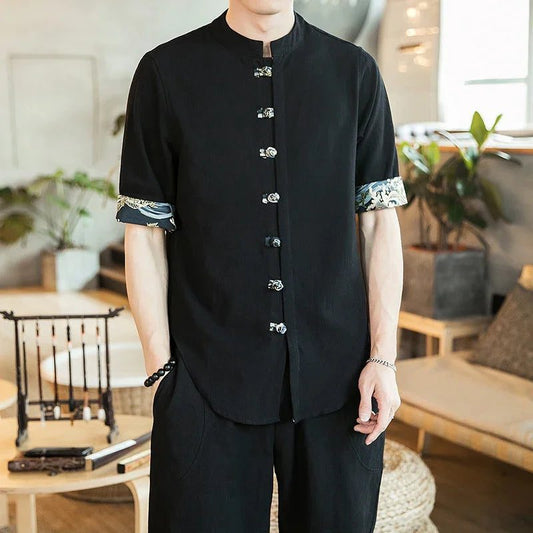 Men's Cotton Linen Medium Sleeve Button Shirt