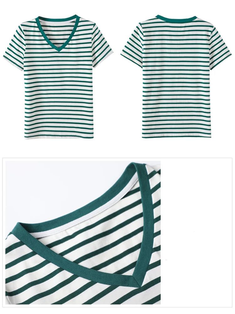 Women's Striped V-Neck Cotton Summer T-Shirt